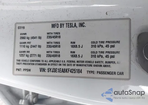 2019 Tesla Model 3 Long Range/Mid Range/Standard Range/Standard Range Plus z USA, uszkodzony, nr VIN 5YJ3E1EA8KF425184